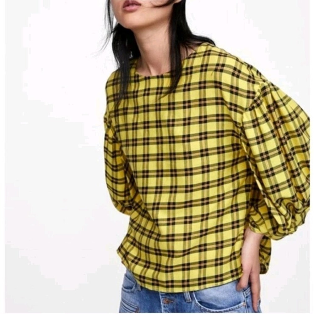 Zara‎ Yellow Black Checked 3/4 Puff Sleeve Preppy Clueless Blouse Size Medium - Picture 2 of 7